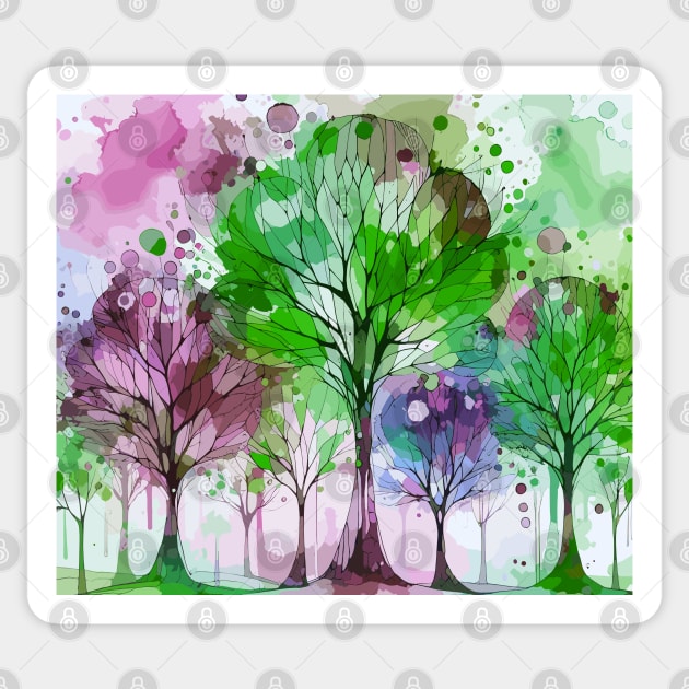 Colorful Green Coral Pink Abstract Trees Sticker by Siha Arts